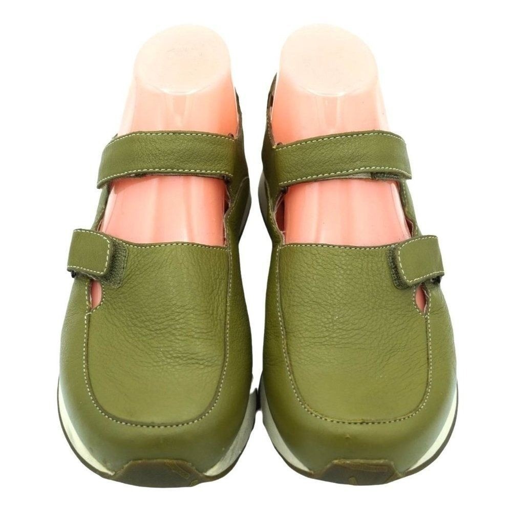 Gorpcore Simple Mary Jane Shoes Women 7.5 Olive Green Leather Wedge Straps - Picture 3 of 12